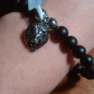 Lion's Head Lava Stone and Stainless Steel Stretch Bracelet